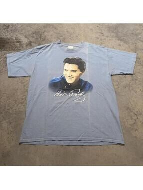 Vintage Elvis Presley Portrait Graphic Tee Light Blue Single Print Large Music
